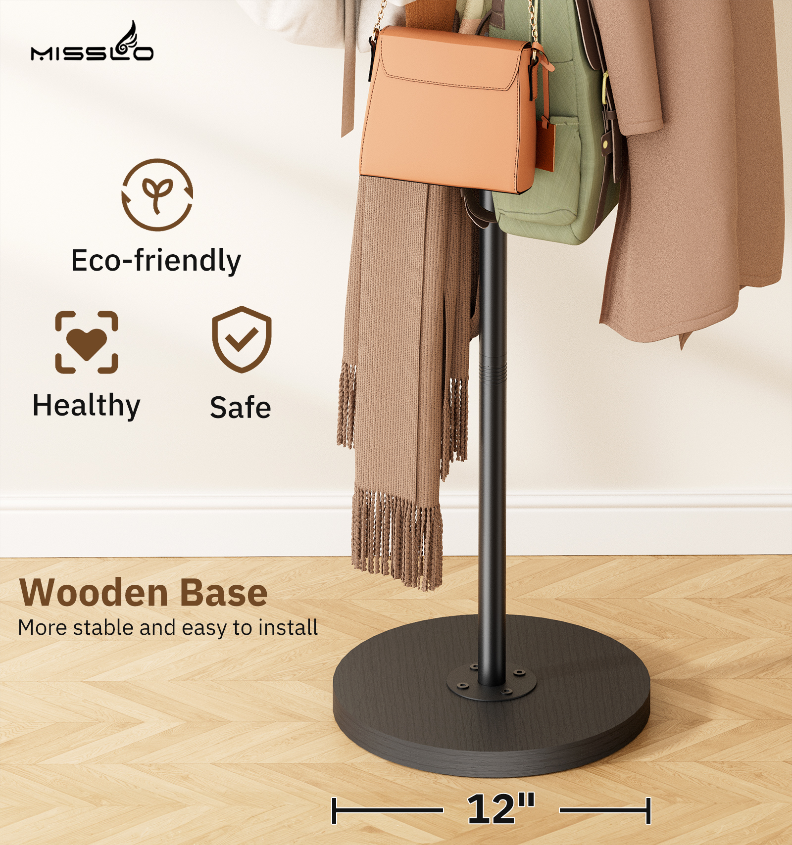 MISSLO Heavy Duty Coat Rack Freestanding with Stable Wood Base Metal Coat Tree Adjustable Coats Hanger Stand with 6 Hooks Clothes Tree for Jackets, Hats, Bags Standing Purse Rack for Bedroom, Office - Image 4
