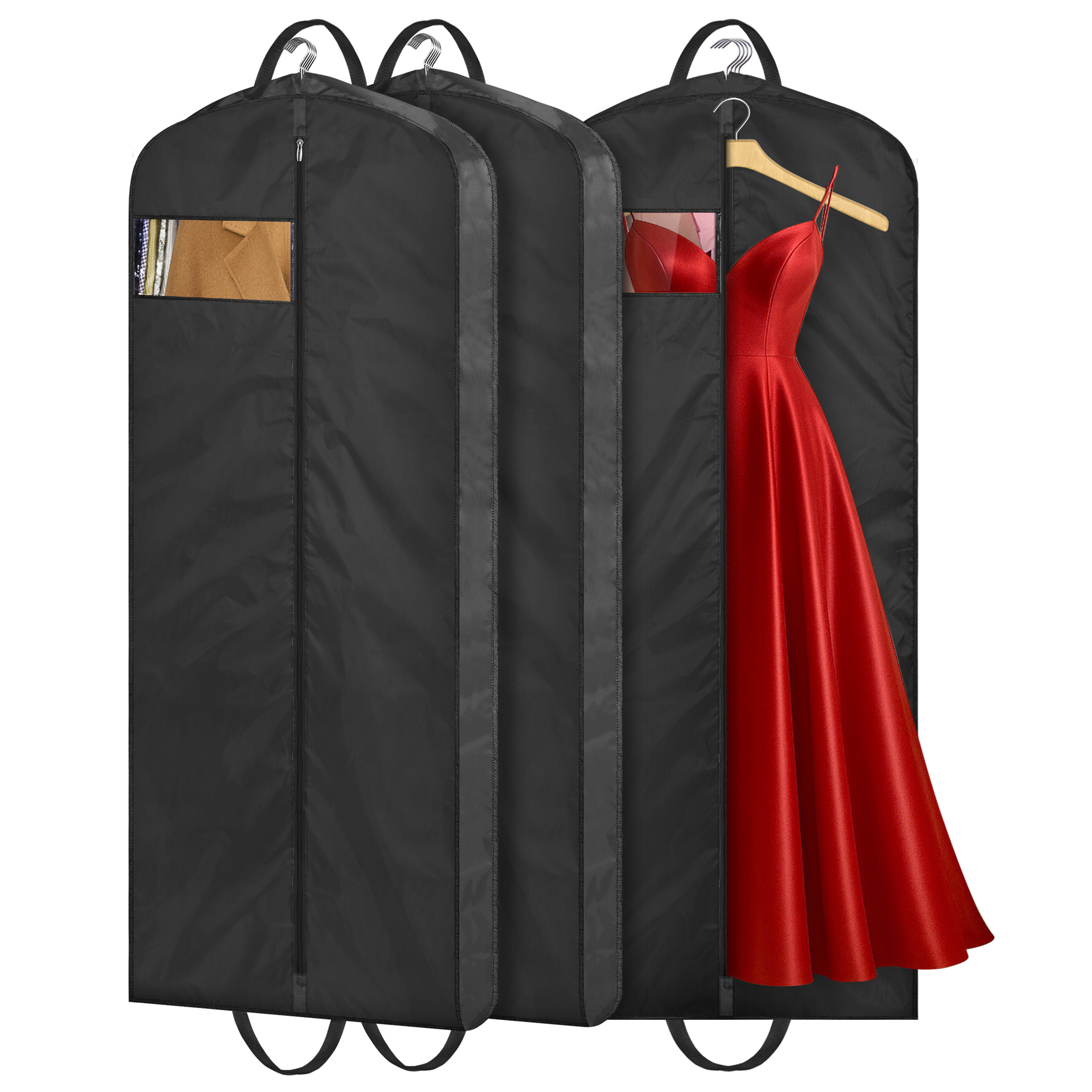 MISSLO 54" Garment Bags for Travel for Women Waterproof Dress Bags for Gowns Long Dress Cover for Gowns, Coats, Suits, Black, 3 Packs