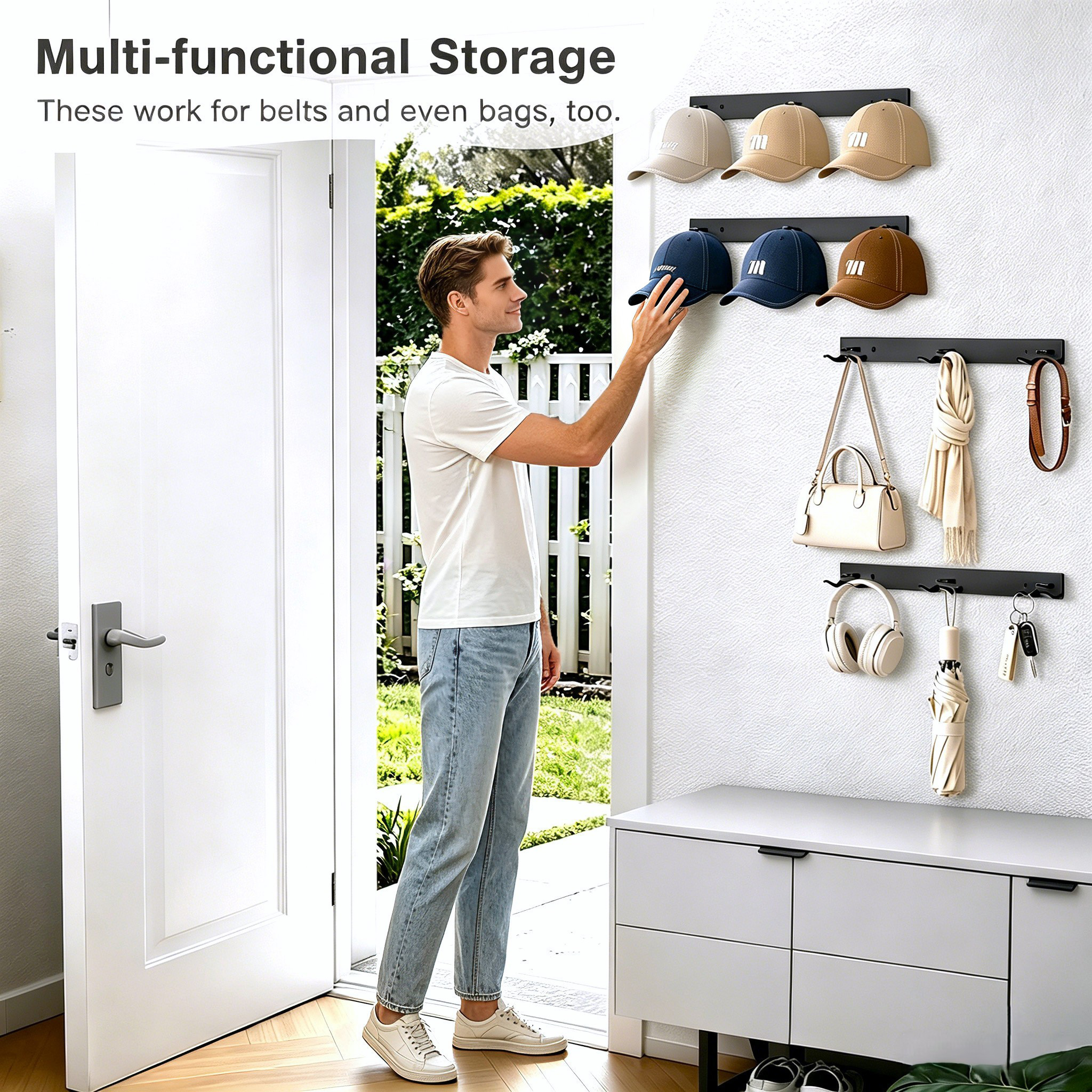 MISSLO Hat Rack for Wall with 2-way Display Hat Hooks for Wall Hanger 4 Pack Holds 24 Baseball Cap Holder Organizer for Closet, Wall Mounted, Bedroom Storage - Image 6