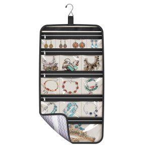 MISSLO Hanging Jewelry Organizer Travel Foldable Jewelry Roll Storage Case with 14 Cotton Zippered Pockets for Traveling, Closet, Suitcase