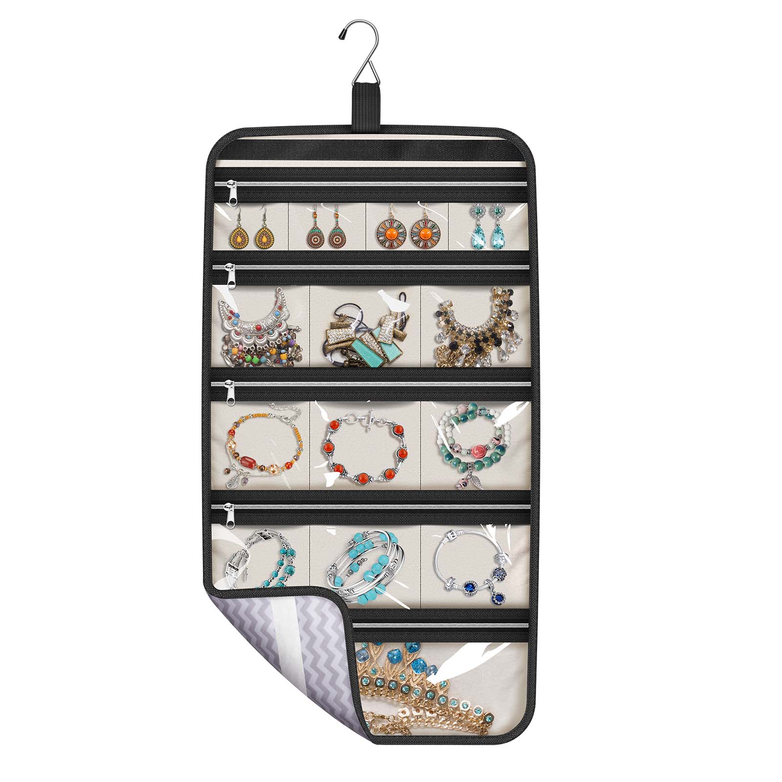 MISSLO Hanging Jewelry Organizer Travel Foldable Jewelry Roll Storage Case with 14 Cotton Zippered Pockets for Traveling, Closet, Suitcase