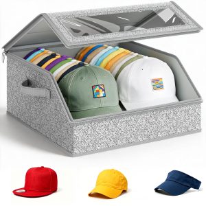 Stackable Hat Storage for Baseball Caps Box Large Hat Organizer for Closet Sturdy Hat Case Holds Up to 24 Caps with Cardboard, Clear PVC Window Hat Boxes for Men, Wide, Dustproof with 2 Handles, Grey