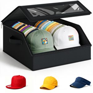 Stackable Hat Storage for Baseball Caps Box Large Hat Organizer for Closet Sturdy Hat Case Holds Up to 24 Caps with Cardboard, Clear PVC Window Hat Boxes for Men, Wide, Dustproof with 2 Handles, Black