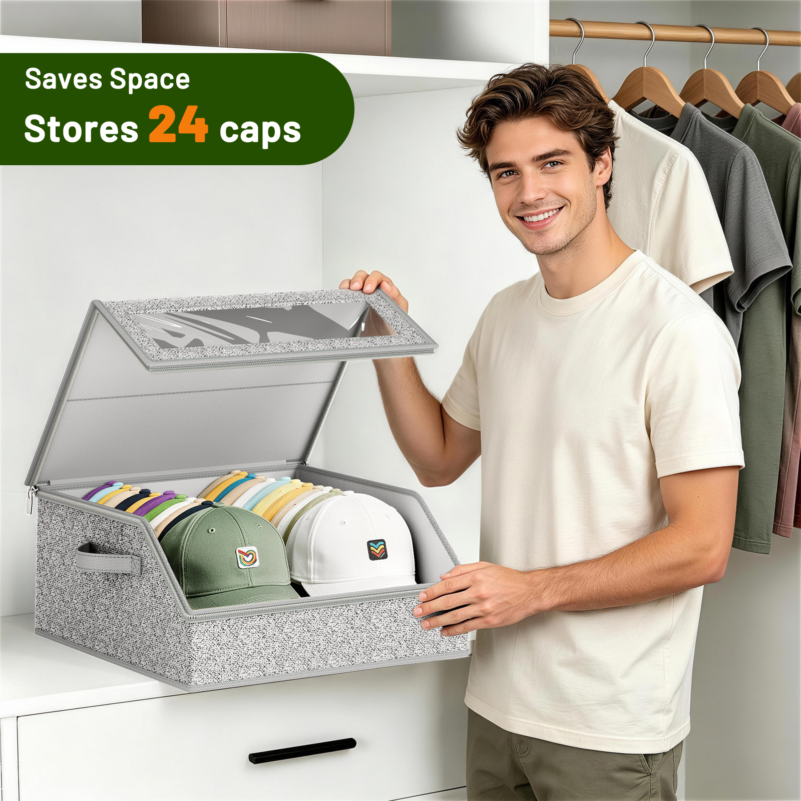 Stackable Hat Storage for Baseball Caps Box Large Hat Organizer for Closet Sturdy Hat Case Holds Up to 24 Caps with Cardboard, Clear PVC Window Hat Boxes for Men, Wide, Dustproof with 2 Handles, Grey - Image 2