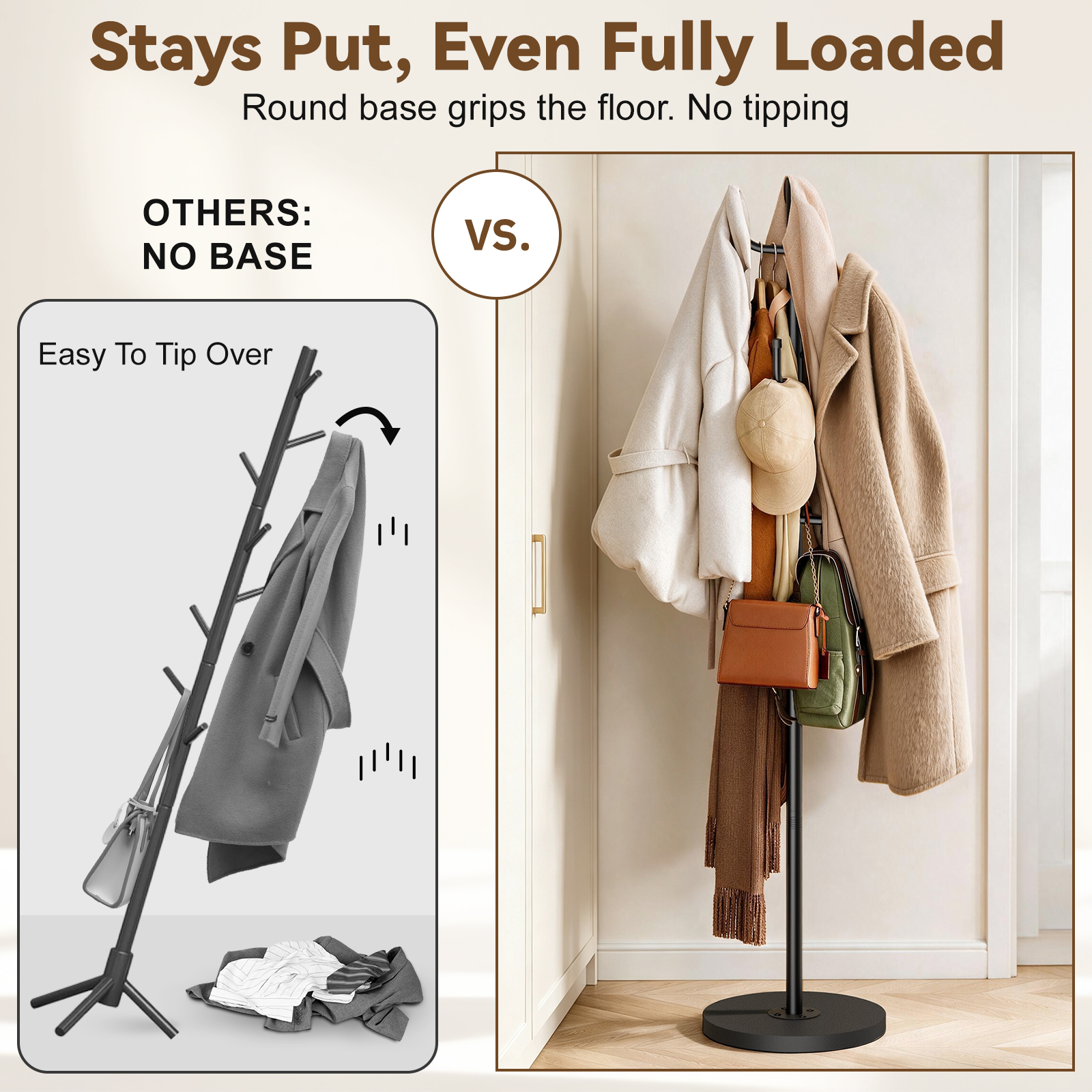 MISSLO Heavy Duty Coat Rack Freestanding Modern L-shaped Coat Tree 9 Hooks Metal Coat Hanger Stand with Stable Wood Base Adjustable Clothes Tree Standing Purse Rack for Hall, Bedroom, Office - Image 2