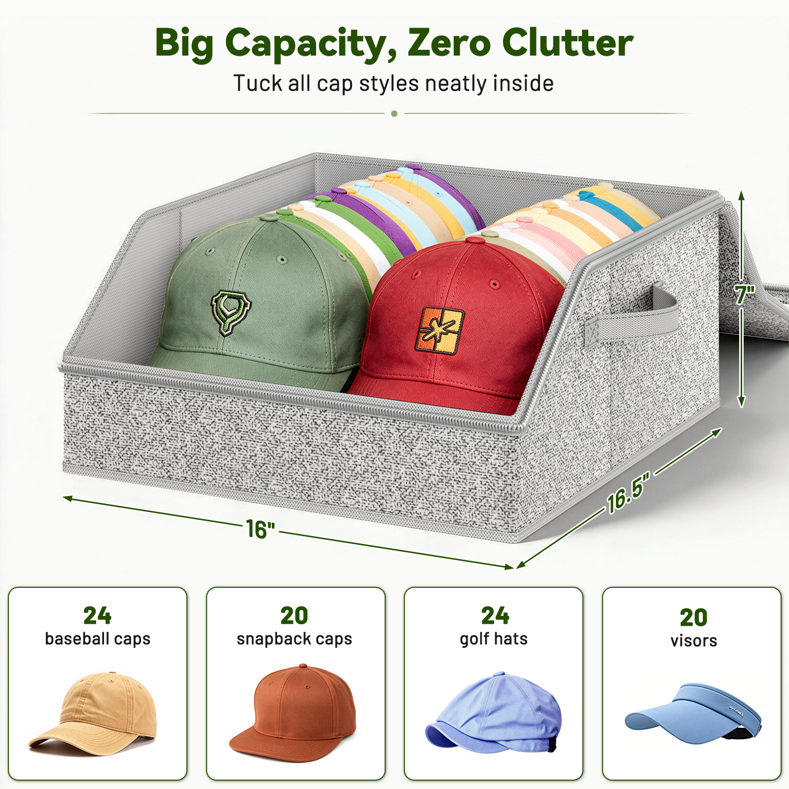 Stackable Hat Storage for Baseball Caps Box Large Hat Organizer for Closet Sturdy Hat Case Holds Up to 24 Caps with Cardboard, Clear PVC Window Hat Boxes for Men, Wide, Dustproof with 2 Handles, Grey - Image 3