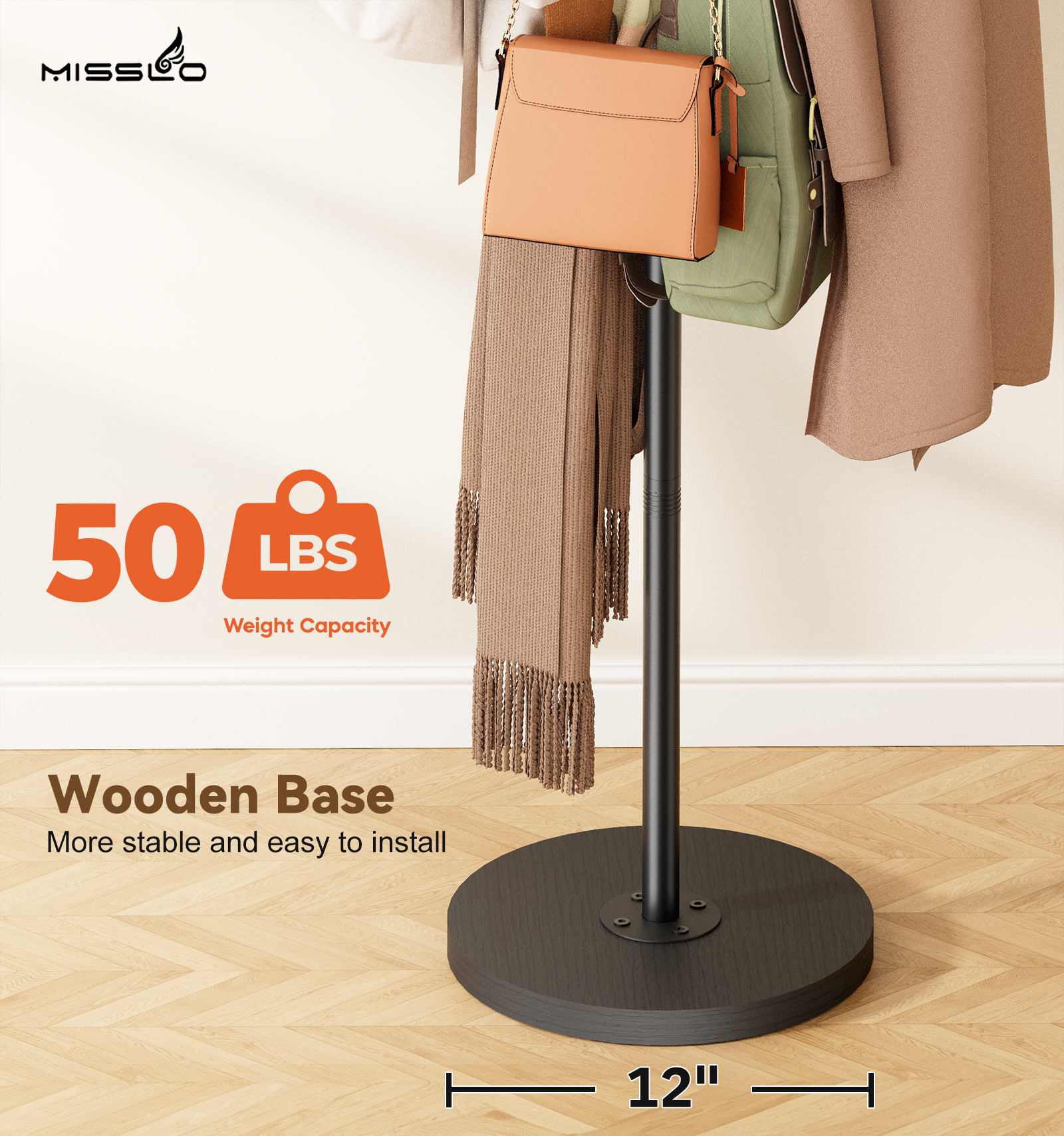 MISSLO Heavy Duty Coat Rack Freestanding Modern L-shaped Coat Tree 9 Hooks Metal Coat Hanger Stand with Stable Wood Base Adjustable Clothes Tree Standing Purse Rack for Hall, Bedroom, Office - Image 8