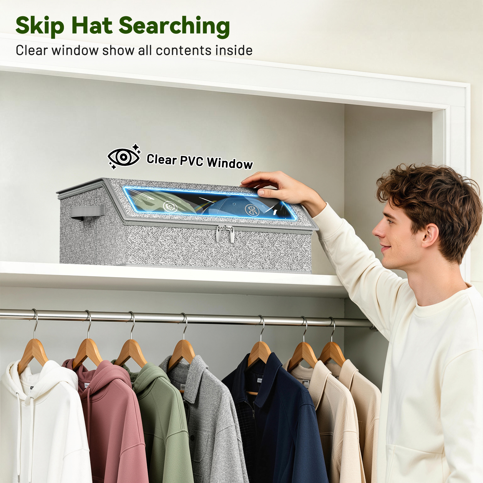 Stackable Hat Storage for Baseball Caps Box Large Hat Organizer for Closet Sturdy Hat Case Holds Up to 24 Caps with Cardboard, Clear PVC Window Hat Boxes for Men, Wide, Dustproof with 2 Handles, Grey - Image 4