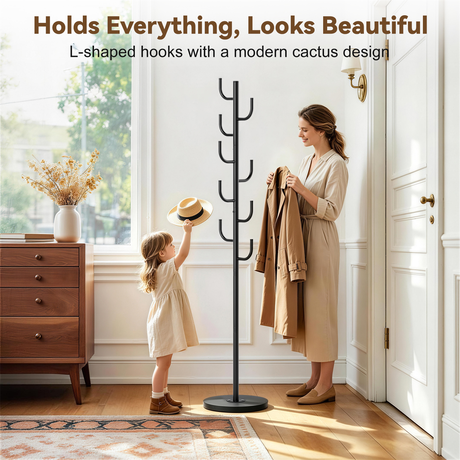 MISSLO Heavy Duty Coat Rack Freestanding Modern L-shaped Coat Tree 9 Hooks Metal Coat Hanger Stand with Stable Wood Base Adjustable Clothes Tree Standing Purse Rack for Hall, Bedroom, Office - Image 7