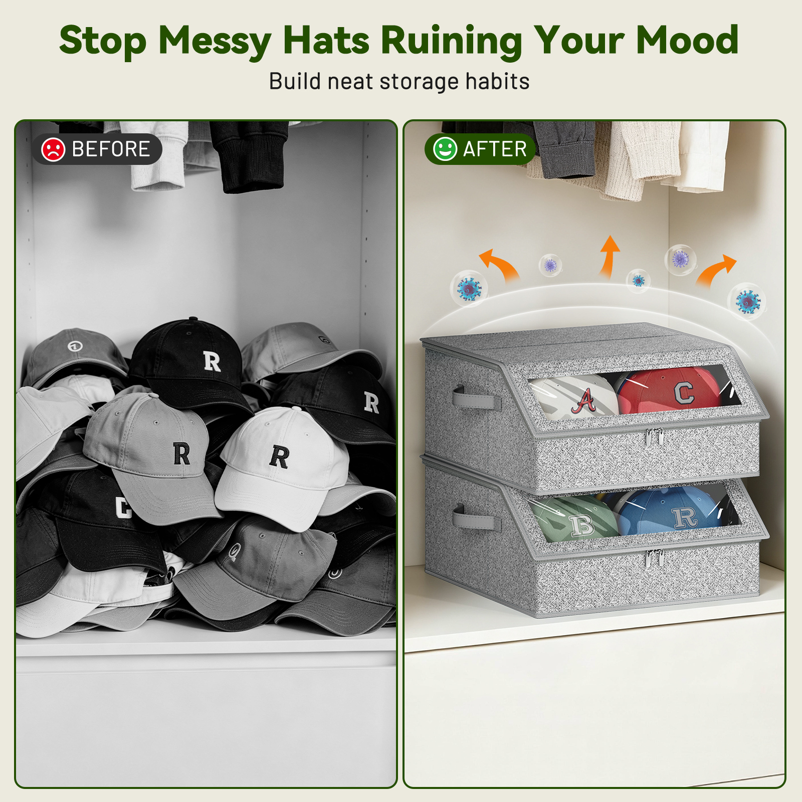 Stackable Hat Storage for Baseball Caps Box Large Hat Organizer for Closet Sturdy Hat Case Holds Up to 24 Caps with Cardboard, Clear PVC Window Hat Boxes for Men, Wide, Dustproof with 2 Handles, Grey - Image 5