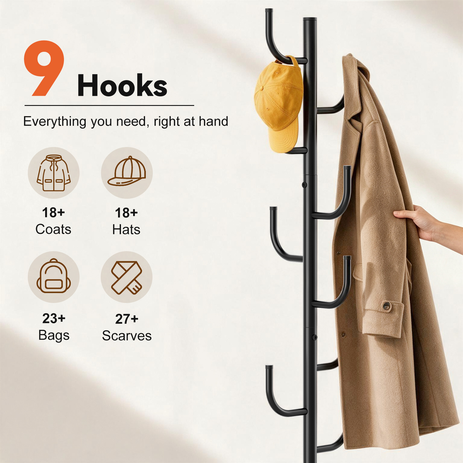 MISSLO Heavy Duty Coat Rack Freestanding Modern L-shaped Coat Tree 9 Hooks Metal Coat Hanger Stand with Stable Wood Base Adjustable Clothes Tree Standing Purse Rack for Hall, Bedroom, Office - Image 6