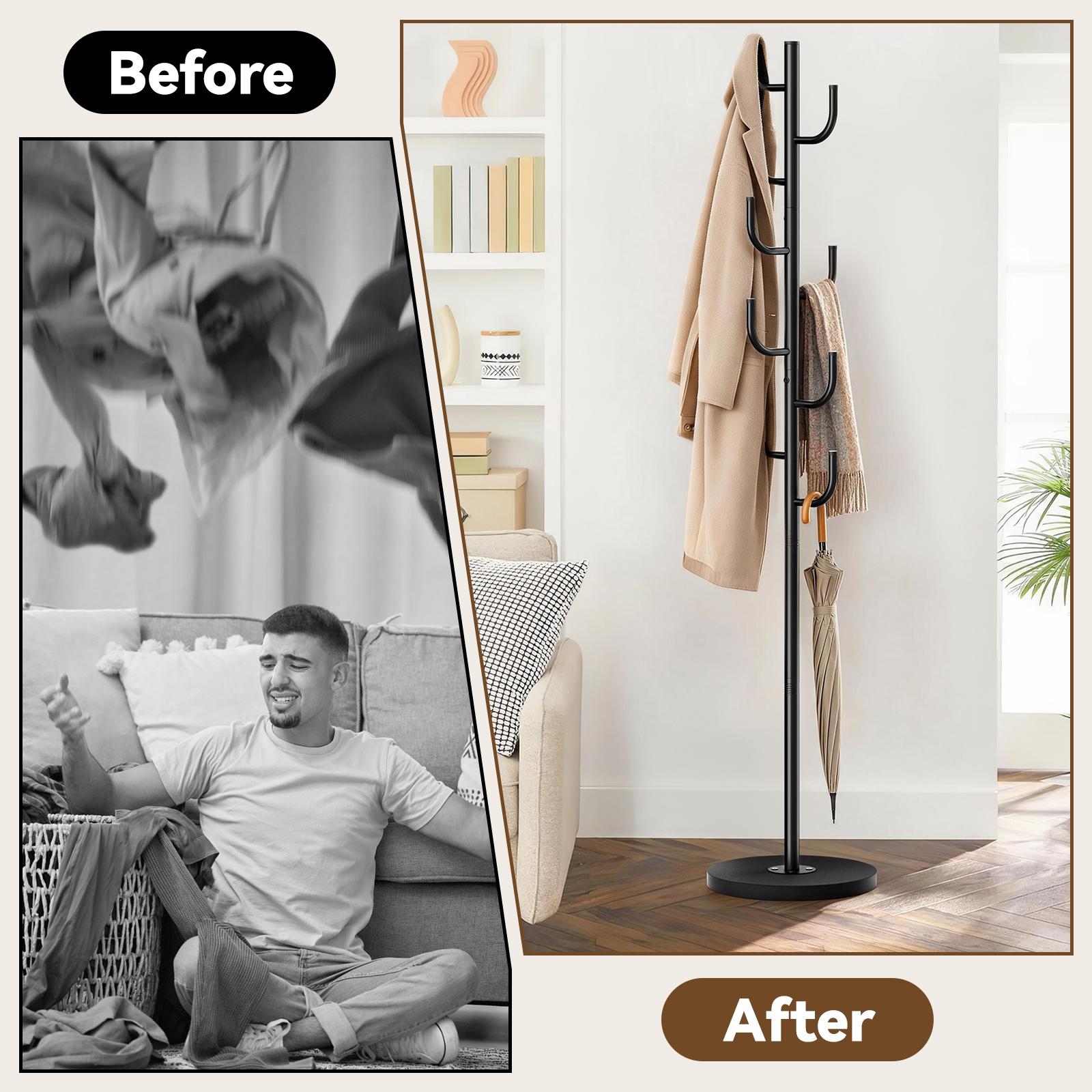 MISSLO Heavy Duty Coat Rack Freestanding Modern L-shaped Coat Tree 9 Hooks Metal Coat Hanger Stand with Stable Wood Base Adjustable Clothes Tree Standing Purse Rack for Hall, Bedroom, Office - Image 3