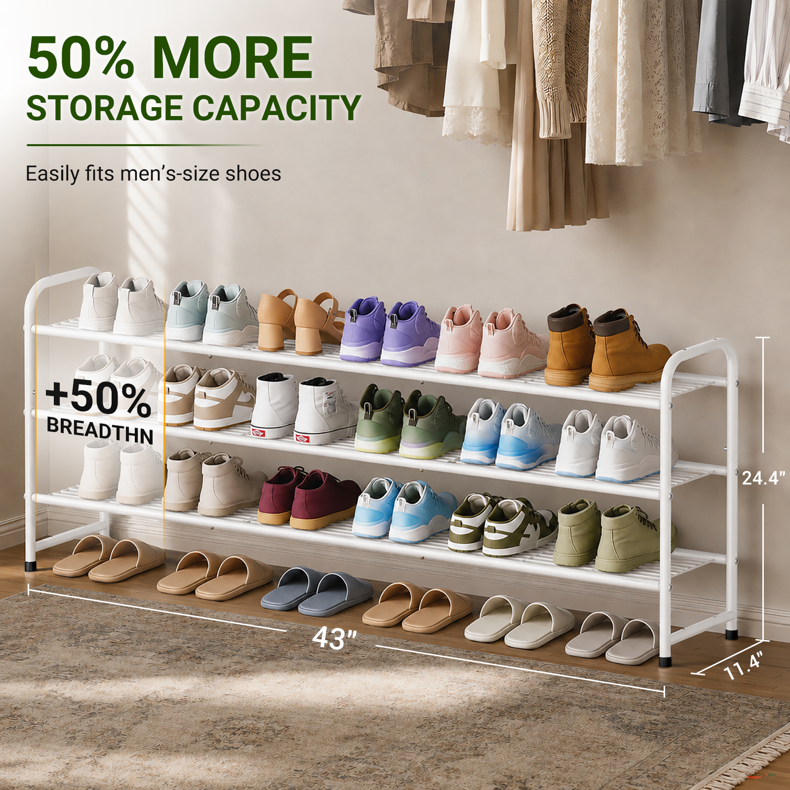 MISSLO Long Shoe Rack for Closet Metal Stackable Shoe Organizer for Closet Wide Closet Shoe Rack for Entryway Wire Shoe Storage 3 Tier Extra Large Shoes Shelf for Entryway, Closet Floor, White - Image 2
