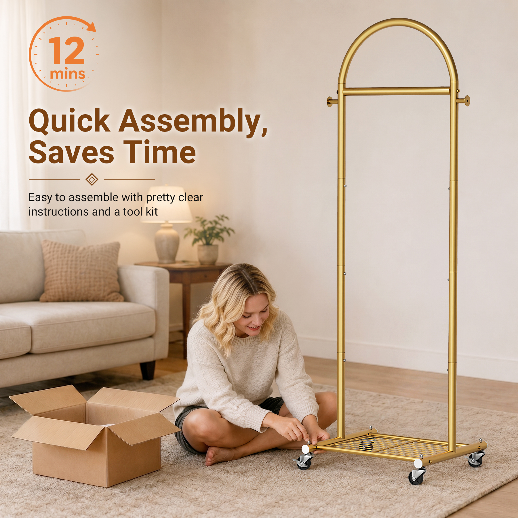 MISSLO 18" Small Clothes Racks for Hanging Clothes Arched Shape Gold Clothing Rack with Wheels 70.6" Metal Rolling Garment Rack with Shelves for Small Space, Bedroom, Laundry, Gold - Image 6