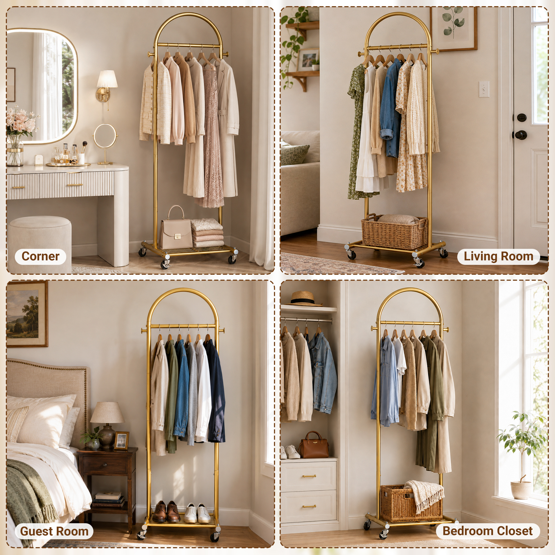 MISSLO 18" Small Clothes Racks for Hanging Clothes Arched Shape Gold Clothing Rack with Wheels 70.6" Metal Rolling Garment Rack with Shelves for Small Space, Bedroom, Laundry, Gold - Image 7