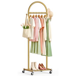 MISSLO 18" Small Clothes Racks for Hanging Clothes Arched Shape Gold Clothing Rack with Wheels 70.6" Metal Rolling Garment Rack with Shelves for Small Space, Bedroom, Laundry, Gold