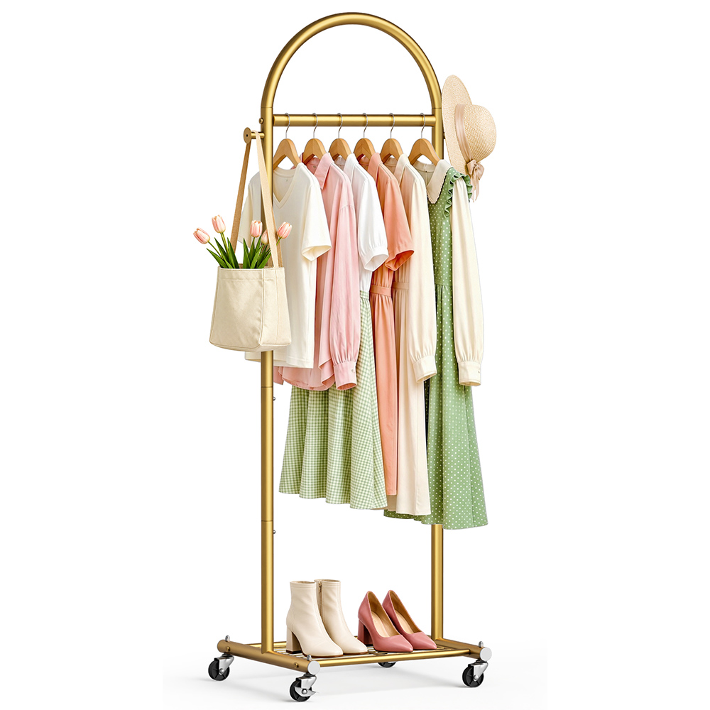 MISSLO 18" Small Clothes Racks for Hanging Clothes Arched Shape Gold Clothing Rack with Wheels 70.6" Metal Rolling Garment Rack with Shelves for Small Space, Bedroom, Laundry, Gold