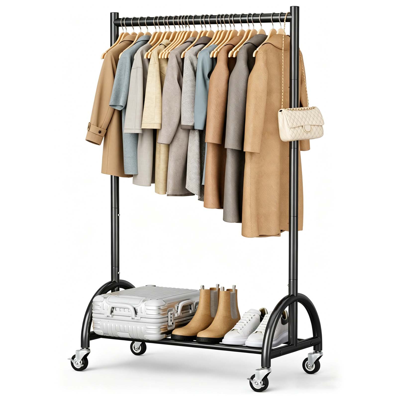 MISSLO Heavy Duty Clothing Rack with Wheels Rolling Clothes Racks for Hanging Clothes, Coats, Garment, Dress, Black, 28" W
