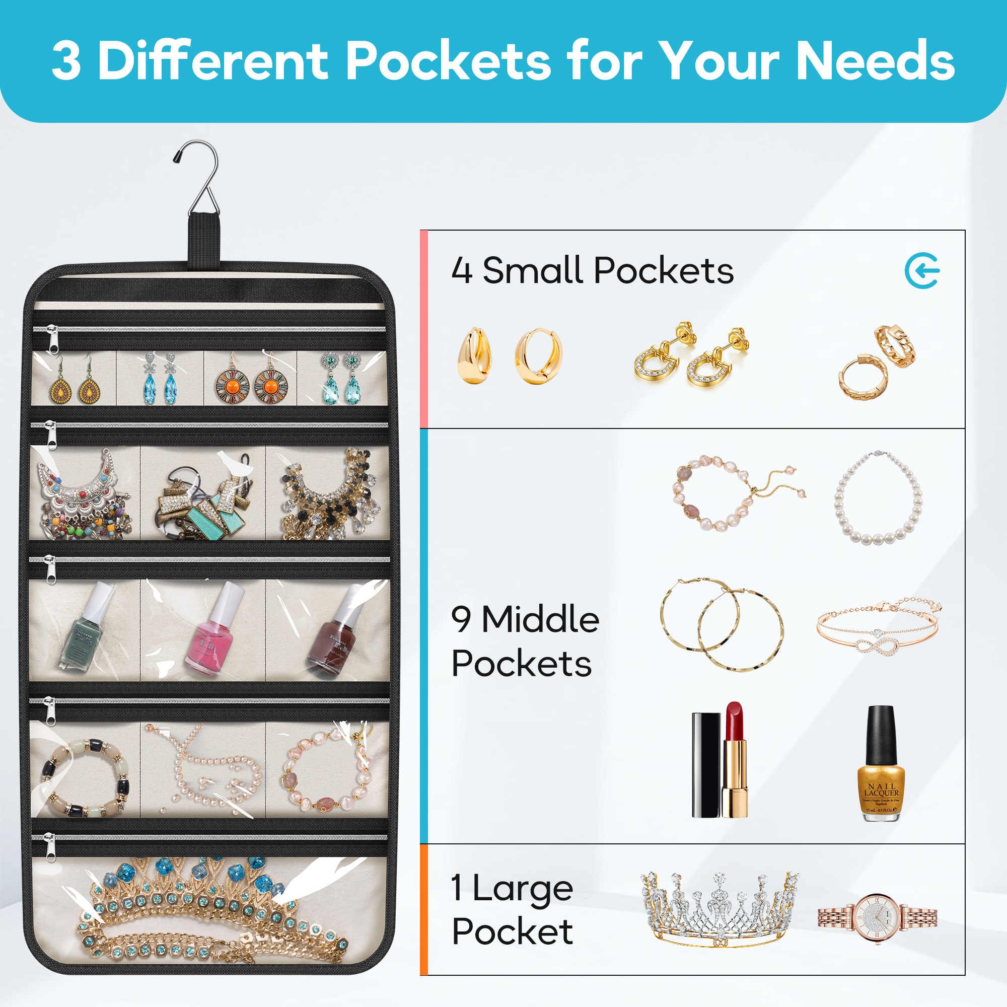 MISSLO Hanging Jewelry Organizer Travel Foldable Jewelry Roll Storage Case with 14 Cotton Zippered Pockets for Traveling, Closet, Suitcase - Image 7